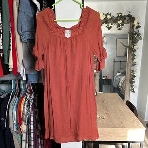 NAIF Rust Red Peasant Tunic with Crochet Neck